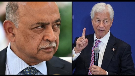 IBM chief Arvind Krishna says meeting etiquette depends on meeting size, while JPMorgan CEO Jamie Dimon continues to push for distraction-free discussions ( (Photo by Mandel NGAN / AFP) and (AP Photo/Matt Rourke))