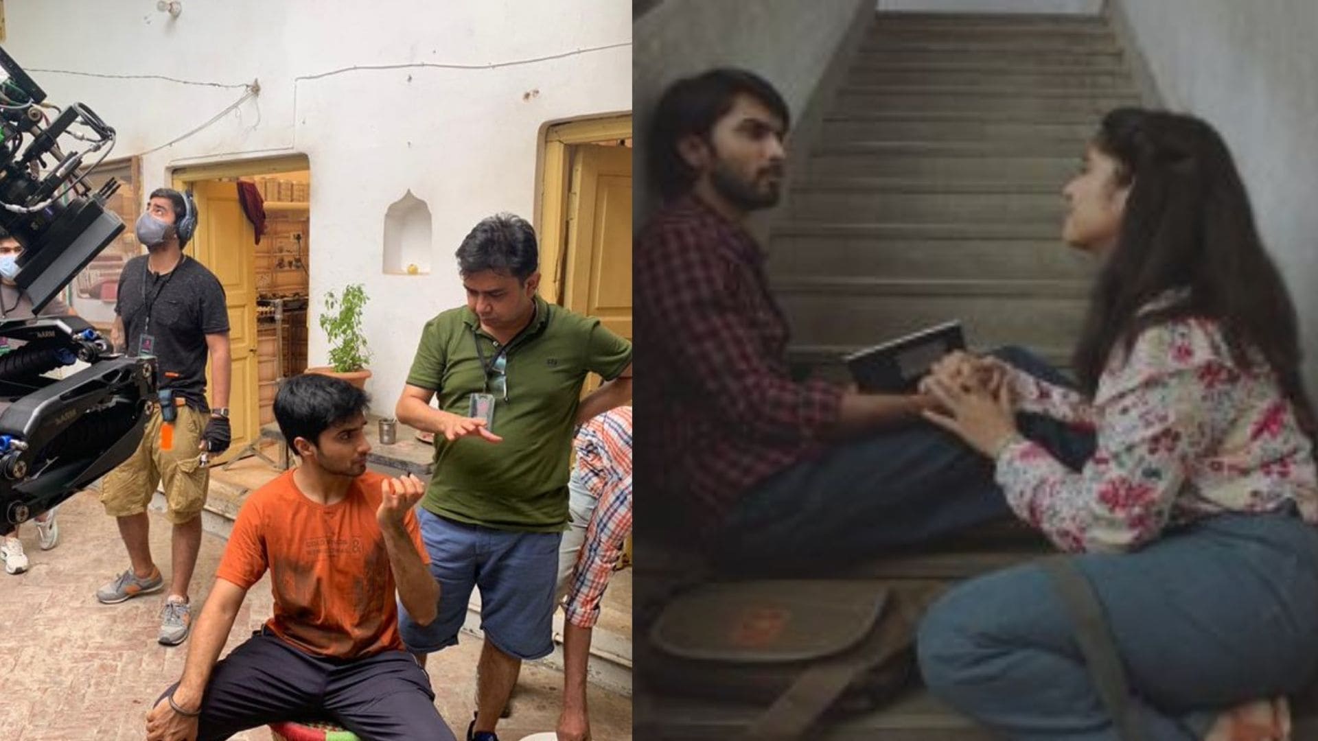 The actor with director Saurabh Tiwari during the shoot of Love J Action in Lucknow (right); Anud with actor Anshul Chauhan during the shoot of Taj Mahal 1989 at LU