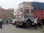 According to eyewitnesses’ account, the truck approaching from behind hit the motorcycle, pushed both of them to fall onto the road and they died at the spot, said police. (Sakib Ali/HT Photo)