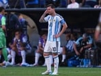 Argentina's Lionel Messi (10) reacts after Spain's Ferran Torres scores their first goal during the World Cup final soccer match between Spain and Argentina in East Rutherford, N.J., near New York, Sunday, July 19(AP Photo/Abbie Parr)