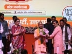 Chief minister Yogi Adityanath and other BJP leaders at the party’s workshop in Lucknow on Monday. (Deepak Gupta/HT Photo)