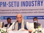 Defence minister Rajnath Singh addressing the PM-SETU Industry Conclave in Lucknow on August 30. (HT photo)