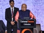 RSS chief Mohan Bhagwat addresses the gathering during the Universal Oneness Celebrations, in New York.
