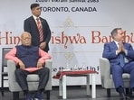 RSS chief Mohan Bhagwat (left) at the Hindu Vishwa Bandhu event in the Greater Toronto Area, Canada on Sunday. (HT Photo)