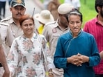 Activist Sonam Wangchuk, with his wife Gitanjali J Angmo, visits Rajghat to pay tributes to Mahatma Gandhi.