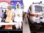 Uttar Pradesh chief minister Yogi Adityanath during the inauguration of the Nepalganj Road-Nanpara-Bahraich rail section, in Bahraich on Monday. (ANI PHOTO)