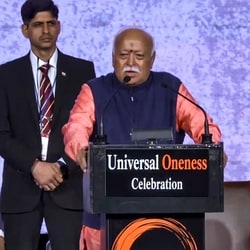 RSS chief Mohan Bhagwat addresses the gathering during the Universal Oneness Celebrations, in New York.