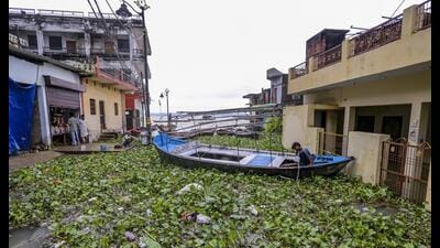 A boat sits stranded in an inundated area with water hyacinths after monsoon rains in Prayagraj on Monday. (PTI) A boat sits stranded in an inundated area with water hyacinths after monsoon rains in Prayagraj on Monday. (PTI)