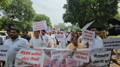 Congress MLAs during a protest outside the assembly against the contractual employment under the Haryana Kaushal Rozgar Nigam in Chandigarh on Monday.