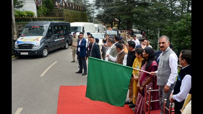 Himachal Pradesh Chief Minister Sukhwinder Singh Sukhu flags off mobile resource centre vehicles in Shimla on Monday. (PTI) Himachal Pradesh Chief Minister Sukhwinder Singh Sukhu flags off mobile resource centre vehicles in Shimla on Monday. (PTI)