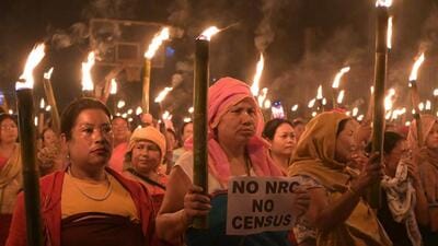 Imphal: Women take part in protest rally 'Meira Rally' as they hold flame torches demanding updation of the National Register of Citizens (NRC) before the Census in Manipur, at Khurai area, in Imphal on Aug. 21 (PTI FILE) Imphal: Women take part in protest rally 'Meira Rally' as they hold flame torches demanding updation of the National Register of Citizens (NRC) before the Census in Manipur, at Khurai area, in Imphal on Aug. 21 (PTI FILE)