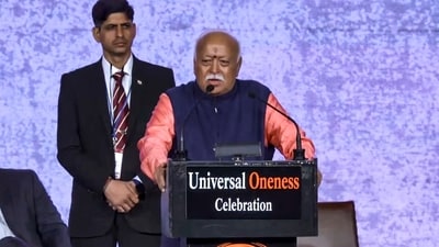 RSS chief Mohan Bhagwat addresses the gathering during the Universal Oneness Celebrations, in New York. (PTI) RSS chief Mohan Bhagwat addresses the gathering during the Universal Oneness Celebrations, in New York. (PTI)