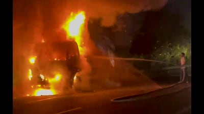 One fire tender from Bhim Nagar fire station was deployed after the driver alerted police and firefighters when smoke began billowing from the engine. (PTI) One fire tender from Bhim Nagar fire station was deployed after the driver alerted police and firefighters when smoke began billowing from the engine. (PTI)