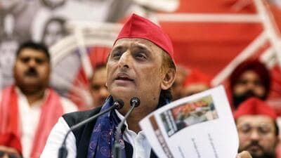 Samajwadi Party national president Akhilesh Yadav at a press conference in Lucknow on Monday. (ANI PHOTO)
