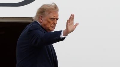 President Donald Trump waves from the stairs of Air Force One upon his departure at Joint Base Andrews, Md., Thursday, Aug. 27, 2026. (AP Photo/Luis M. Alvarez) (AP Photo/Luis M. Alvarez) President Donald Trump waves from the stairs of Air Force One upon his departure at Joint Base Andrews, Md., Thursday, Aug. 27, 2026. (AP Photo/Luis M. Alvarez) (AP Photo/Luis M. Alvarez)