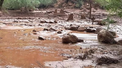 This handout image released by the Grand Canyon National Park Service via X (formerly Twitter) on August 30, 2026 shows remnants of stone bridge pylons along Bright Angel Creek following a flash flood that destroyed the footbridge on August 29. (Photo by J.THOMPSON and Handout / NATIONAL PARK SERVICE / AFP) (AFP) This handout image released by the Grand Canyon National Park Service via X (formerly Twitter) on August 30, 2026 shows remnants of stone bridge pylons along Bright Angel Creek following a flash flood that destroyed the footbridge on August 29. (Photo by J.THOMPSON and Handout / NATIONAL PARK SERVICE / AFP) (AFP)
