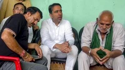Union minister Jayant Chaudhary meeting the family members of Ankit Balyan at Bantikheda village in Shamli on Monday. (Screengrab via PTI) Union minister Jayant Chaudhary meeting the family members of Ankit Balyan at Bantikheda village in Shamli on Monday. (Screengrab via PTI)