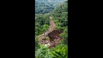 Workers carry out restoration and repair work on the UNESCO World Heritage Kalka-Shimla railway track near Parwanoo, in Solan district, Himachal Pradesh, on Monday. (PTI) Workers carry out restoration and repair work on the UNESCO World Heritage Kalka-Shimla railway track near Parwanoo, in Solan district, Himachal Pradesh, on Monday. (PTI)
