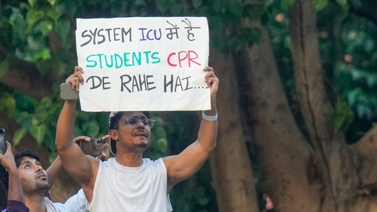 A protester at a demonstration over the NEET-UG issue, at Parliament Street, in New Delhi on July 22. (PTI)