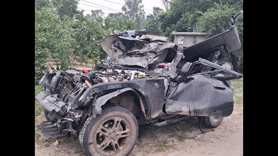 SUV mangled in accident in Hapur. (HT)