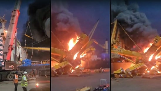 Crane overturns, bursts into flames at Mumbai port; visuals show black smoke