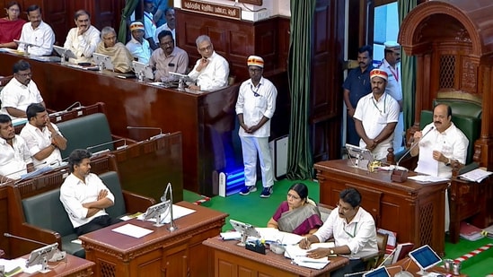 In this screengrab from a video posted on August 31, Tamil Nadu chief minister Vijay speaks during the state Legislative Assembly session, in Chennai.