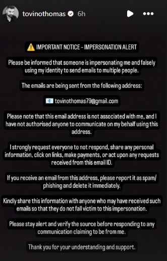 Tovino Thomas' note on his Instagram Stories.