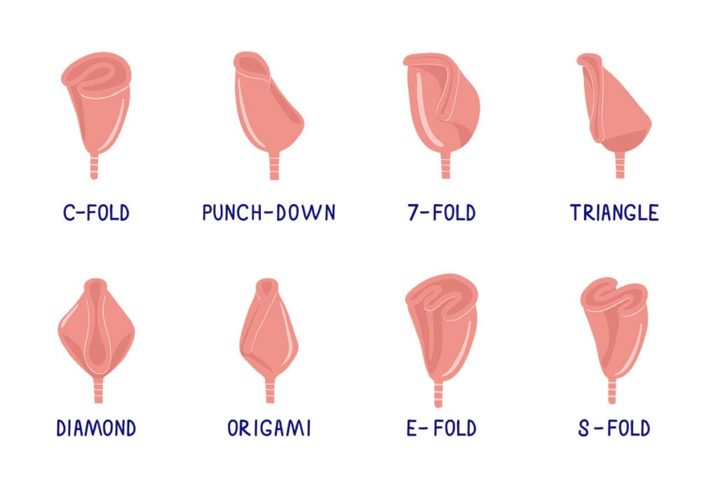 Different types of folds are used to insert a menstrual cup. (Young Women's Health) Different types of folds are used to insert a menstrual cup. (Young Women's Health)