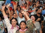 ABVP supporters celebrating after Ankit Bidhan won the presidential election of PUCSC in Chandigarh on Monday. (Ravi Kumar/Hindustan Times)