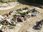A drone view of the devastation in Devighat area following a mud-laden flash flood caused by an outburst in the Bhotekoshi River, in Nuwakot on Thursday. 