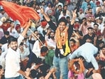 Ankit Bidhan (in black shirt) of ABVP celebrates with supporters after winning the presidential election of PUCSC at the Student Centre, Panjab University, in Chandigarh on Monday. (Ravi Kumar/Hindustan Times)