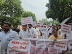 Congress MLAs during a protest outside the assembly against the contractual employment under the Haryana Kaushal Rozgar Nigam in Chandigarh on Monday.