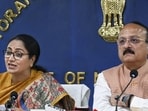 Delhi chief minister Rekha Gupta along with minister Ashish Sood addresses a press conference on the revised Delhi Solar Policy in New Delhi, on Sept. 1 (PTI)