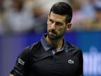 Novak Djokovic of Serbia reacts against Mariano Navone of Argentina during their Men's Singles First Round match on Day One of the 2026 US Open