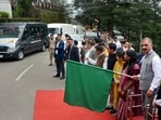 Himachal Pradesh Chief Minister Sukhwinder Singh Sukhu flags off mobile resource centre vehicles in Shimla on Monday. (PTI)