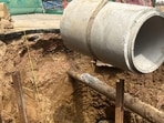 NHAI plans to fill, compact and rebuild the damaged road after ensuring there is no risk of leakage beneath the surface. (HT)