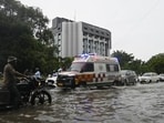 Rainwater submerged the road, affecting vehicular movement and making commuting difficult outside RML Hospital in Vibhuti Khand, Lucknow, on Tuesday. (Deepak Gupta/HT)