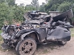 SUV mangled in accident in Hapur. (HT)