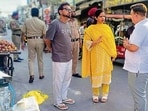 The mayor and MC chief during the inspection in Ludhiana on Monday. (HT photo)