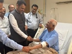 Maharashtra Chief Minister Devendra Fadnavis visits veteran social activist Anna Hazare at Bombay Hospital. 