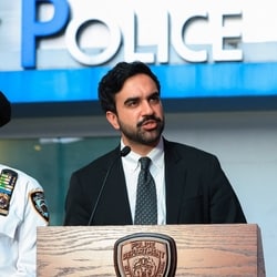 New York City Mayor Zohran Mamdani speaks next to NYPD Commissioner Jessica Tisch during a press conference at the scene of an officer-involved shooting, in Times Square, New York City.