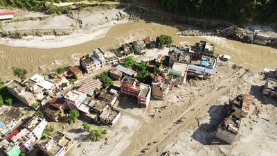 A drone view of the devastation in Devighat area following a mud-laden flash flood caused by an outburst in the Bhotekoshi River, in Nuwakot on Thursday. (ANI Video Grab)