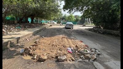 Damaged internal road in Sector 10, as seen on August 23. (Parveen Kumar/HT) Damaged internal road in Sector 10, as seen on August 23. (Parveen Kumar/HT)