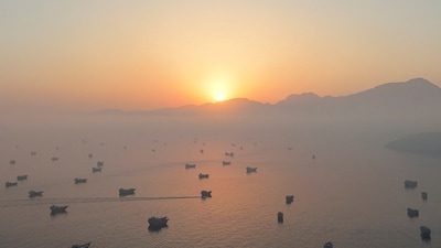 FILE PHOTO: A drone view shows vessels in the Strait of Hormuz, as seen from Musandam, Oman, June 15, 2026. REUTERS/Stringer/File Photo (REUTERS)