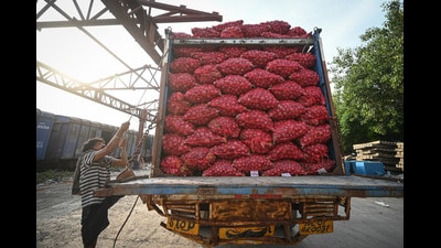 New Delhi: Workers transfer sacks of onions from the ‘Kanda Express’ onto trucks after the special goods train arrived from Nashik, Maharashtra, at Adarsh Nagar Railway Station in New Delhi, India, on August 28, 2026. (HT File Photo/Sanchit Khanna) New Delhi: Workers transfer sacks of onions from the ‘Kanda Express’ onto trucks after the special goods train arrived from Nashik, Maharashtra, at Adarsh Nagar Railway Station in New Delhi, India, on August 28, 2026. (HT File Photo/Sanchit Khanna)