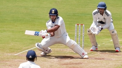 East Zone's Vaibhav Sooryavanshi plays a shot on day three of the Duleep Trophy Semi-final 1 cricket match between Central Zone and East Zone (PTI) East Zone's Vaibhav Sooryavanshi plays a shot on day three of the Duleep Trophy Semi-final 1 cricket match between Central Zone and East Zone (PTI)