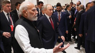 Prime Minister Narendra Modi, left, and Russian President Vladimir Putin walk prior to a meeting in the Shanghai Cooperation Organization (SCO) Plus format in Bishkek, Kyrgyzstan, on Sept. 1 (AP) Prime Minister Narendra Modi, left, and Russian President Vladimir Putin walk prior to a meeting in the Shanghai Cooperation Organization (SCO) Plus format in Bishkek, Kyrgyzstan, on Sept. 1 (AP)