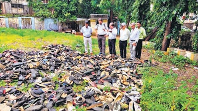 The collected footwear is currently stored at a vacant plot at Saibaba Municipal School in Parel. The collected footwear is currently stored at a vacant plot at Saibaba Municipal School in Parel.