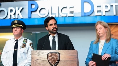 New York City Mayor Zohran Mamdani speaks next to NYPD Commissioner Jessica Tisch during a press conference at the scene of an officer-involved shooting, in Times Square, New York City. (REUTERS)