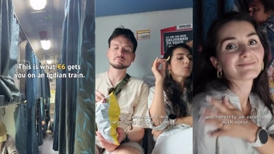 The couple revealed that their AC sleeper cabin ticket cost just 6 euros (around ₹660). (Instagram/@boutique.diaries) The couple revealed that their AC sleeper cabin ticket cost just 6 euros (around ₹660). (Instagram/@boutique.diaries)